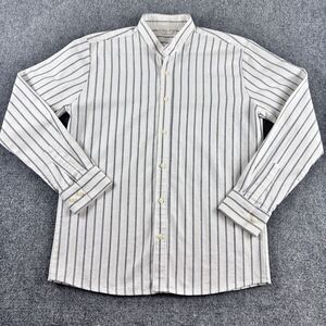 JESTER Mens 52 M L White Navy Stripe Band Collar Shirt Long Sleeve Korea FLAWED